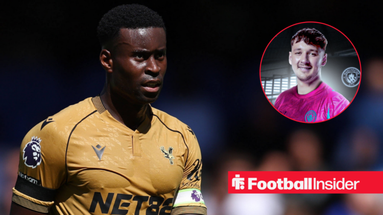 Marc Guehi in away Crystal Palace shirt with James Trafford inset