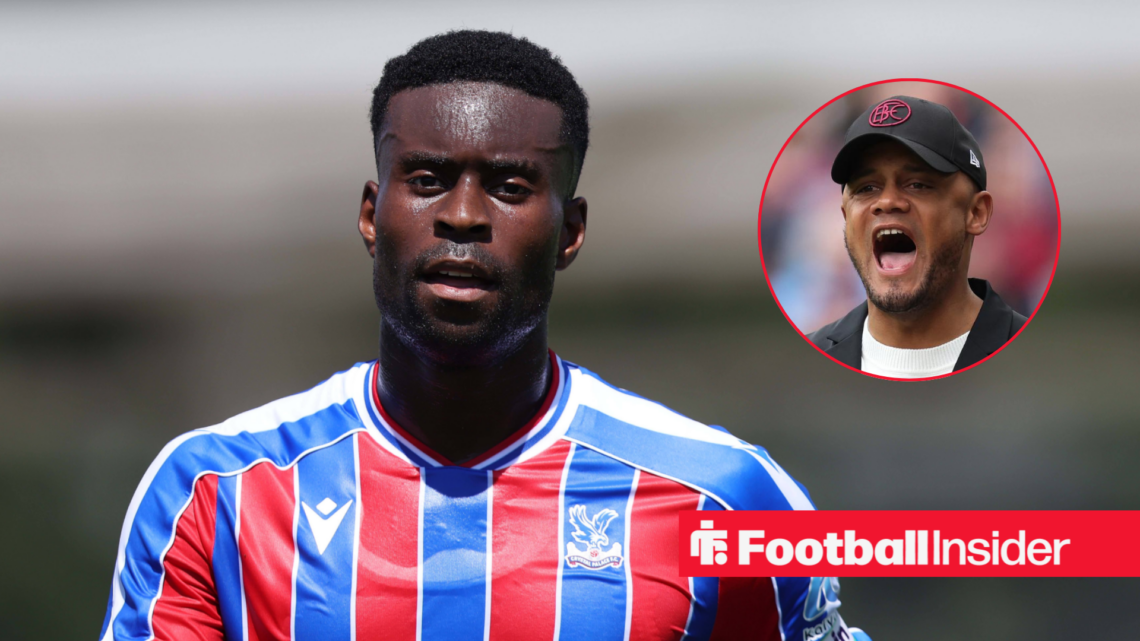 Marc Guehi in a Crystal Palace shirt with Vincent Kompany included in a circular inset