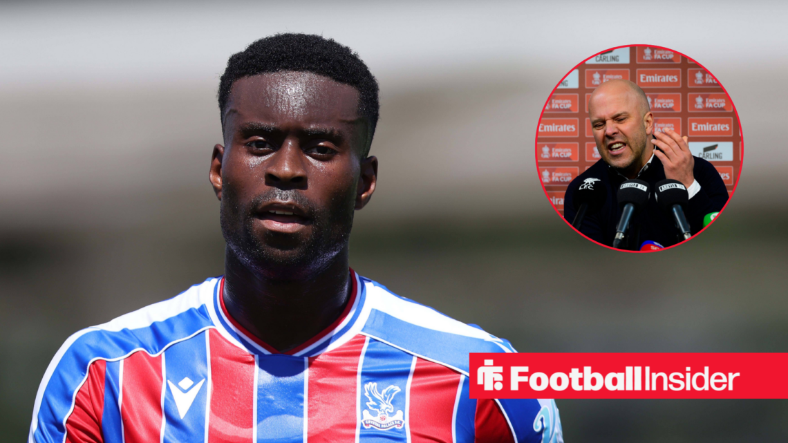 Marc Guehi in a red and blue Crystal Palace kit and Arne Slot in a black jumper in a red circle