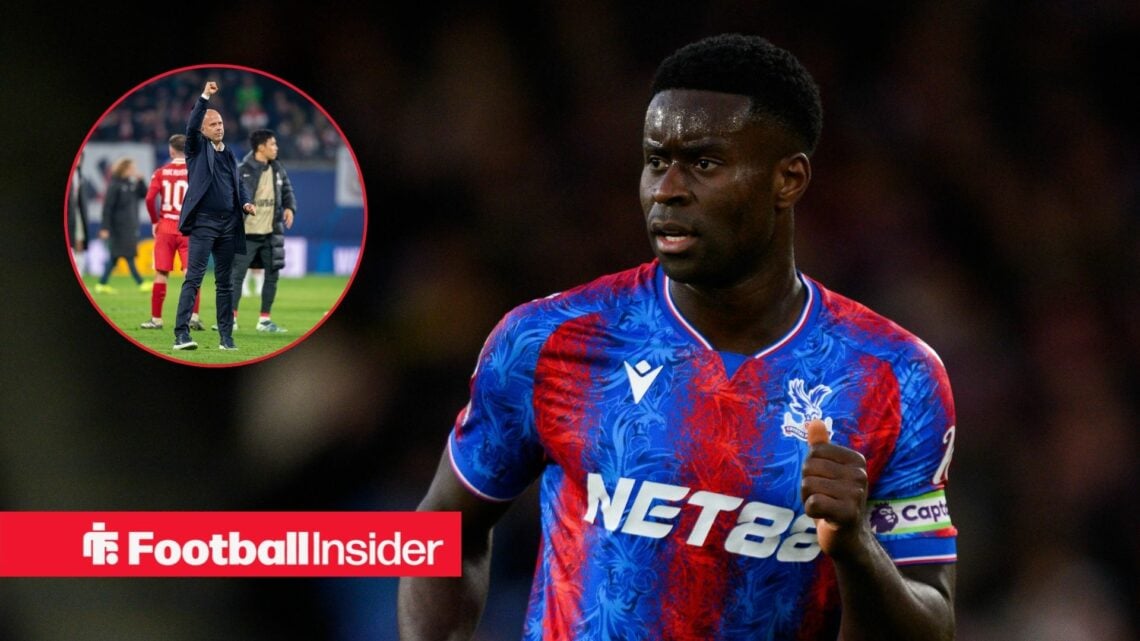 Marc Guehi in a red and blue Crystal Palace kit running and Arne Slot in inset