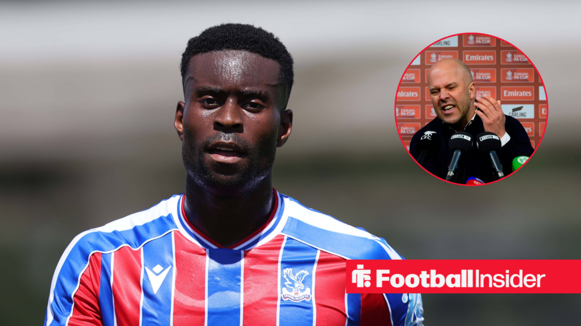 Marc Guehi a red and blue Crystal Palace kit and Arne Slot in a black jumper in a red circle