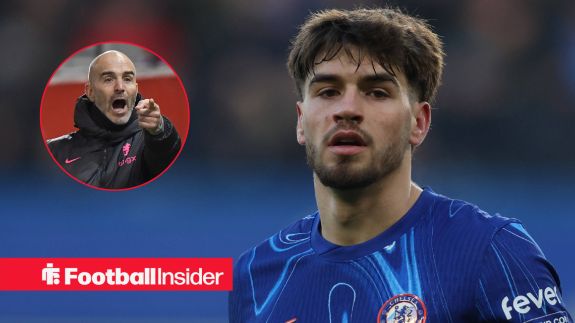 Chelsea striker Marc Guiu and manager Enzo Maresca shouting and pointing