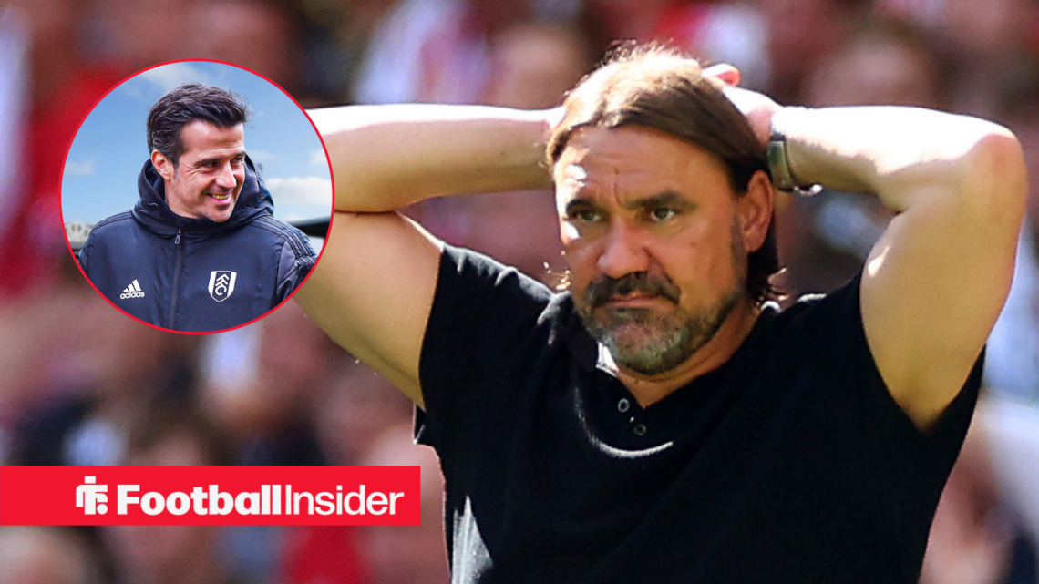 Fulham boss Marco Silva looking happy in a circular frame alongside Leeds boss Daniel Farke with his hands on his head