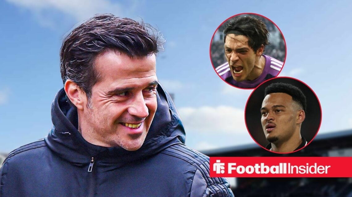 Marco Silva smiling on the left looking at an angry Raul Jimenez and a calm Rodrigo Muniz on the right