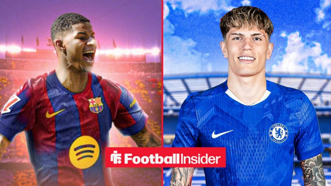 Marcus Rashford in a Barcelona shirt alongside Alejandro Garnacho in a Chelsea shirt