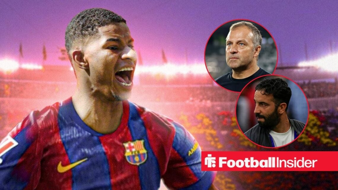 Marcus Rashford in Barcelona shirt with Ruben Amorim Hansi Flick insets