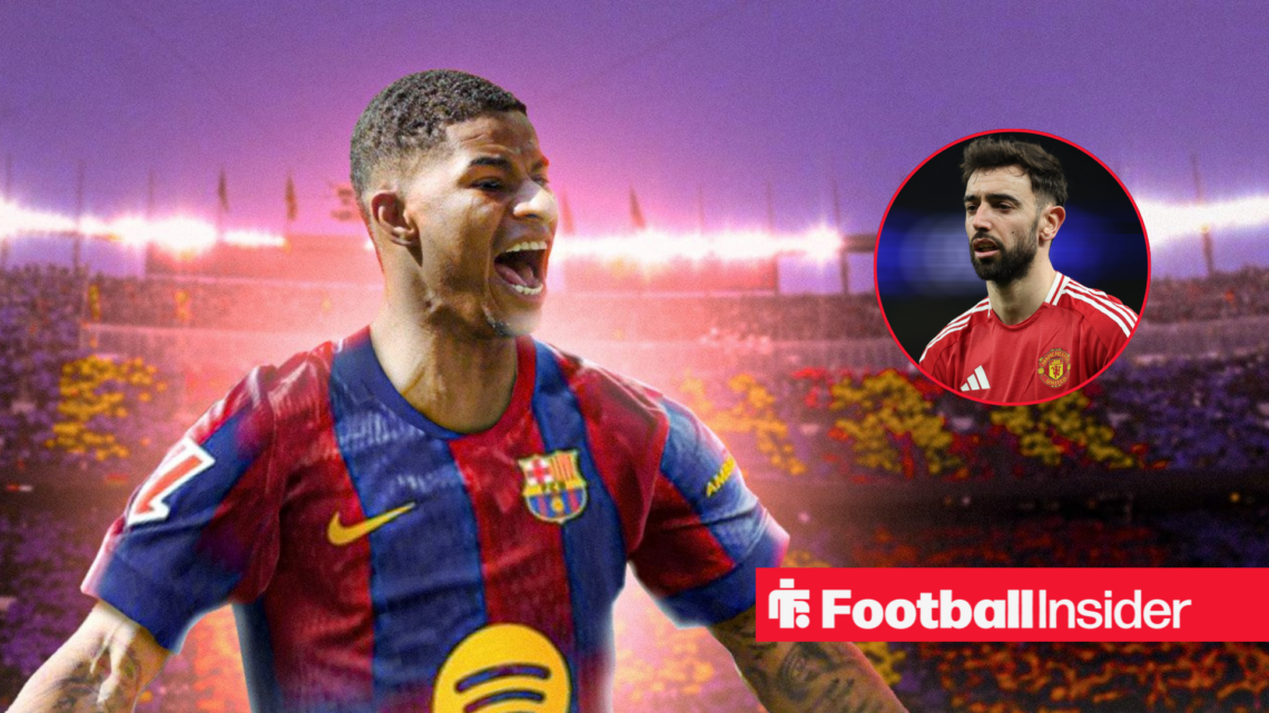 Marcus Rashford in a Barcelona shirt alongside Bruno Fernandes in a circular frame