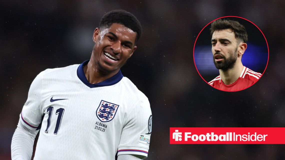 Marcus Rashford in England home shirt with Bruno Fernandes inset