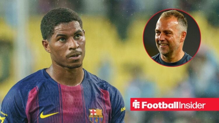 Marcus Rashford in action for Barcelona, alongside a circular inset of Hansi Flick.