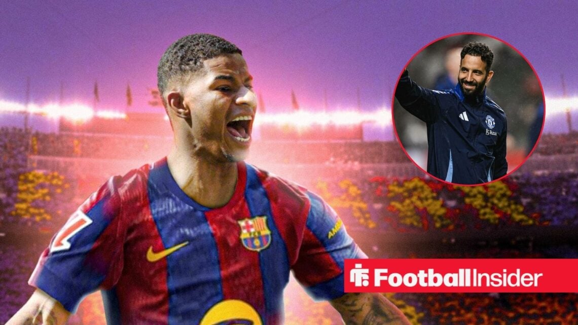 Marcus Rashford in a Barcelona shirt alongside Man United Ruben Amorim in a circular frame