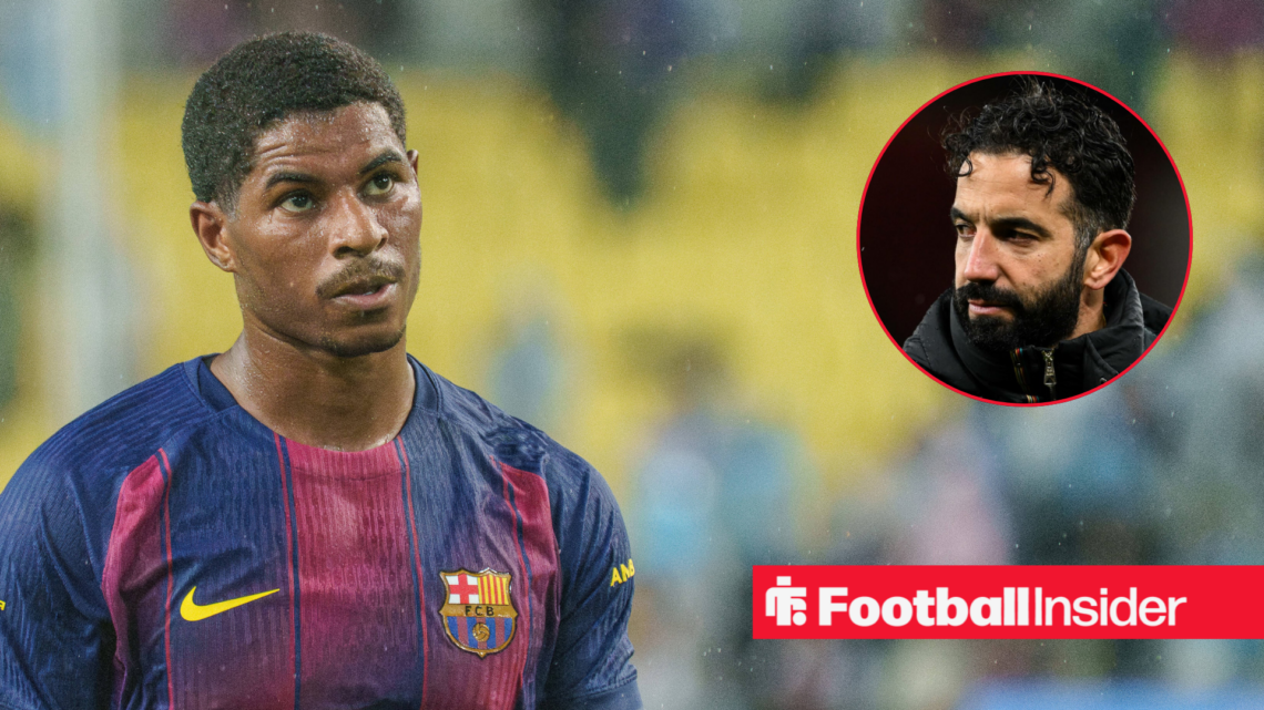 Marcus Rashford in action for Barcelona alongside a circular inset of Man United manger Ruben Amorim
