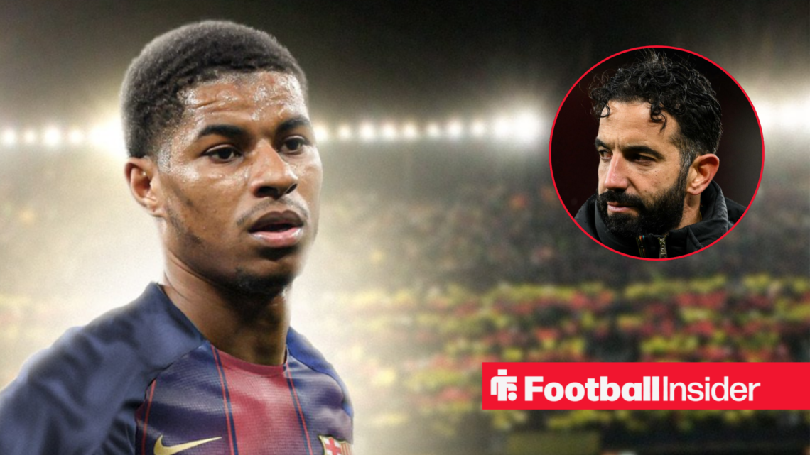 Marcus Rashford in a Barcelona shirt against a backdrop of the Nou Camp alongside a circular inset of Manchester United manager Ruben Amorim.