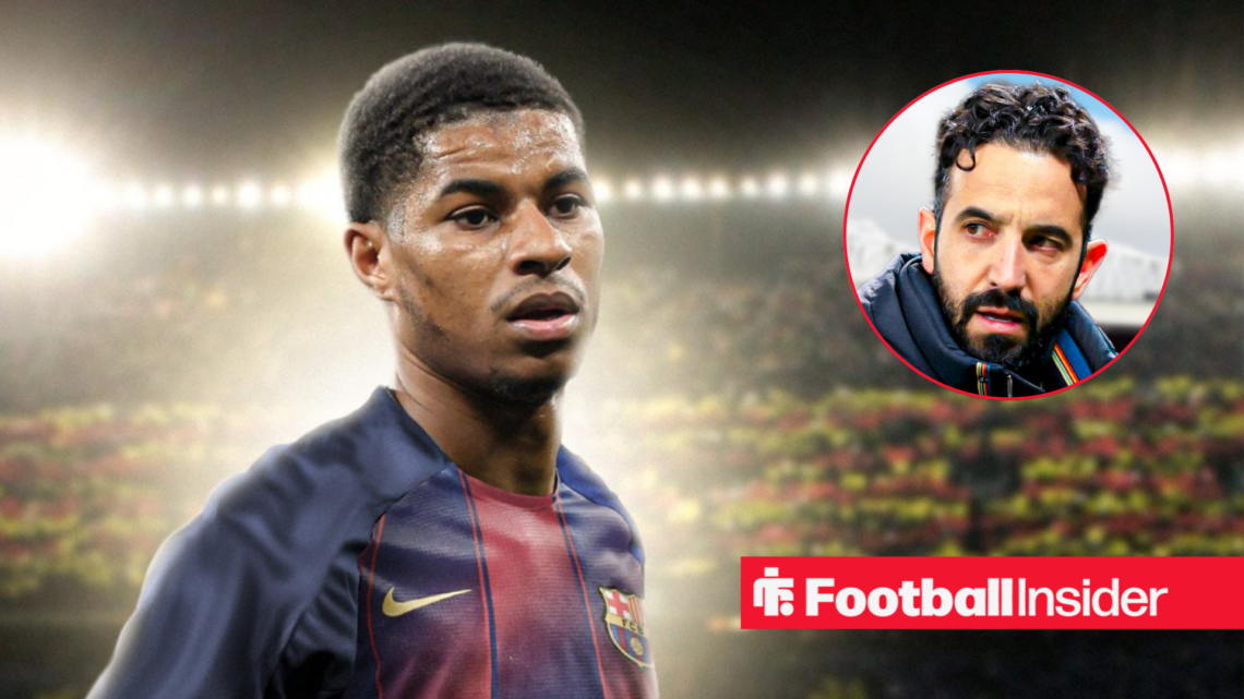 Marcus Rashford in a Barcelona kit, with Ruben Amorim in a circular inset