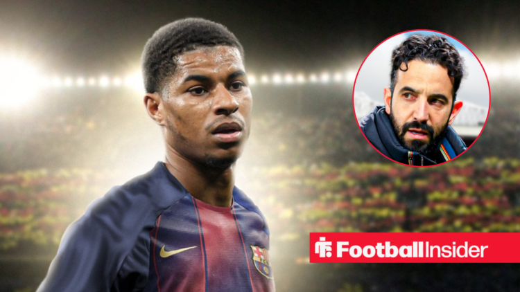 Marcus Rashford in a Barcelona kit, with Ruben Amorim in a circular inset