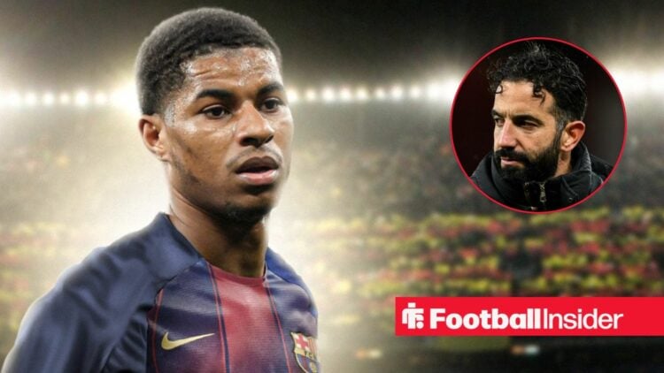 Marcus Rashford in a Barcelona shirt against a backdrop of the Camp Nou alongside a circular inset of Man United manager Ruben Amorim