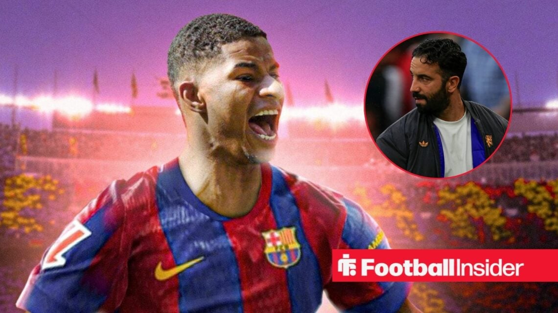 Marcus Rashford in a Barcelona shirt with Ruben Amorim included in a circular inset