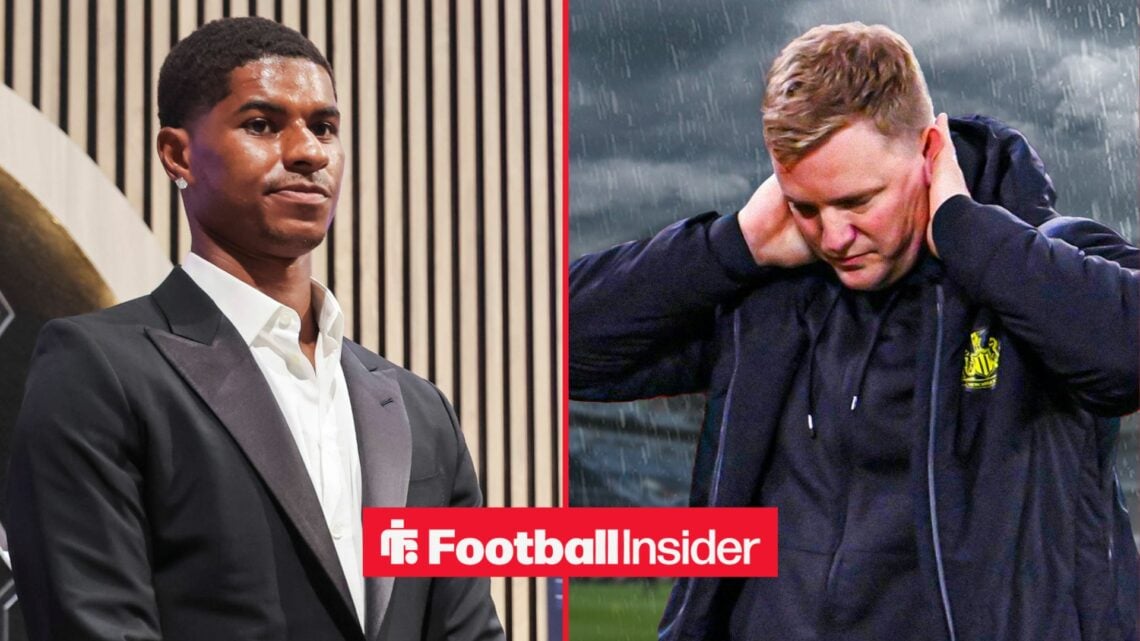 Barcelona star Marcus Rashford in a suit alongside Newcastle boss Eddie howe looking worried
