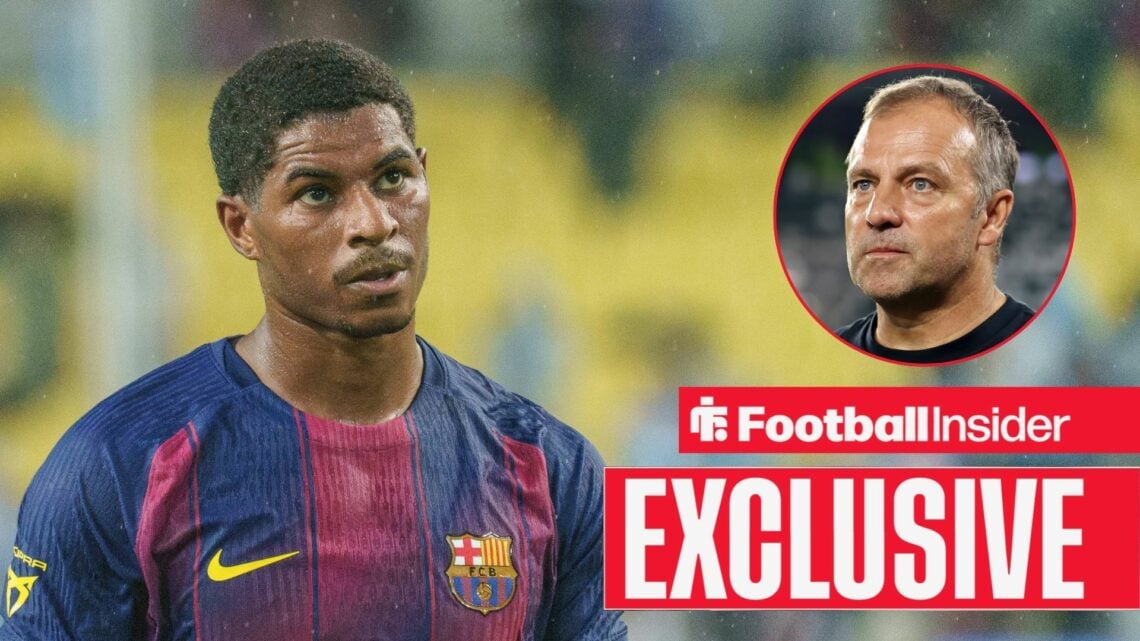 Marcus Rashford on the left looking focused with Hansi Flick above an EXCLUSIVE banner on the right looking serious