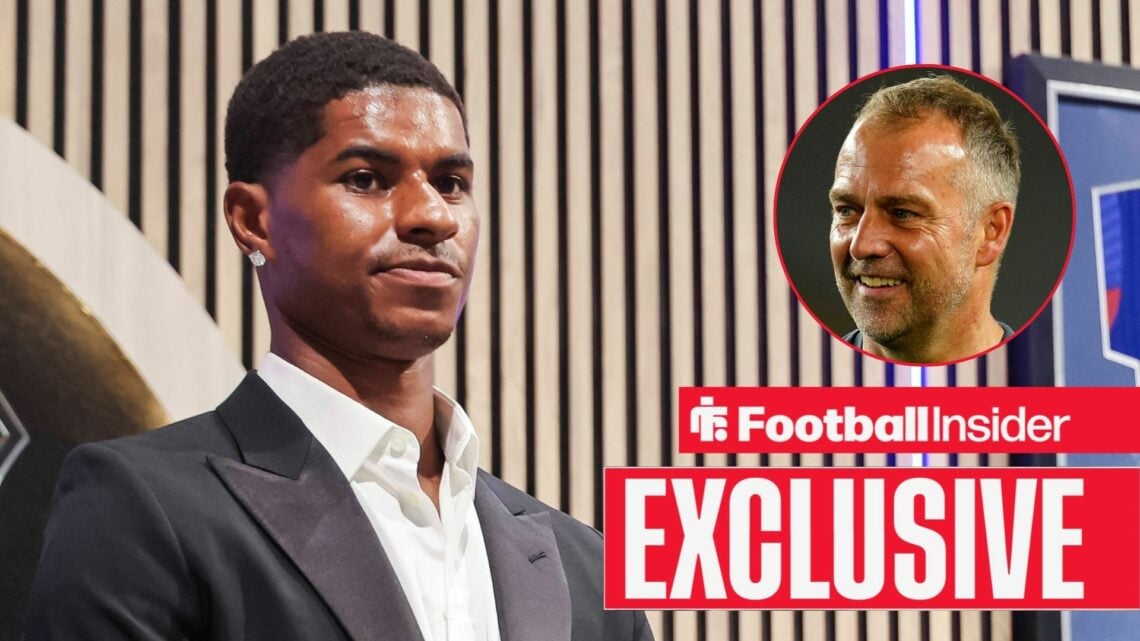 Marcus Rashford in a suit on the left with Hansi Flick smiling on the right above an EXCLUSIVE banner