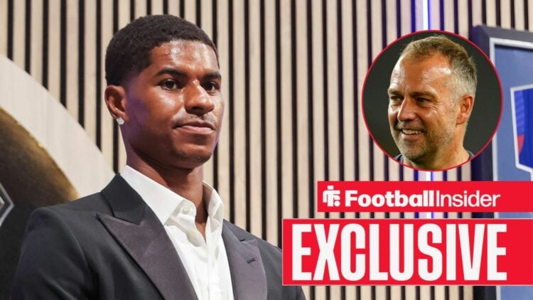 Marcus Rashford in a suit on the left with Hansi Flick smiling on the right above an EXCLUSIVE banner