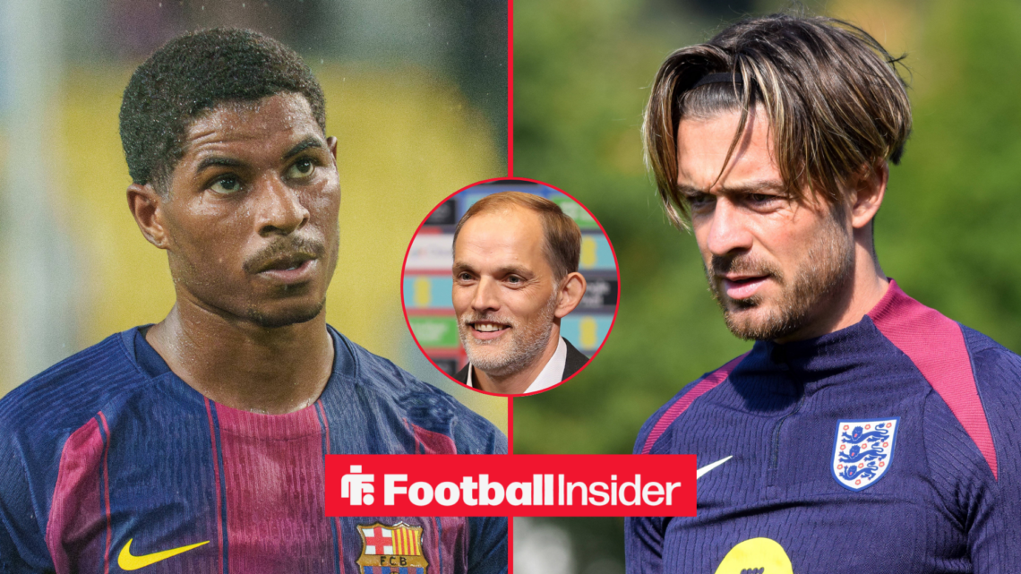 Marcus rashford on the left looking worried with Jack Grealish on the right looking focused and a smiling Thomas Tuchel for England in the middle