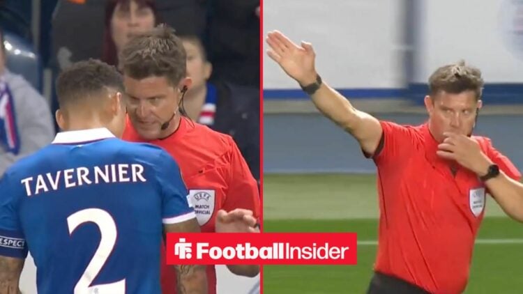 Marcus Tavernier on the left being cautioned by referee Matel Jug with the referee blowing his whistle on the right hand side with his arm in the air