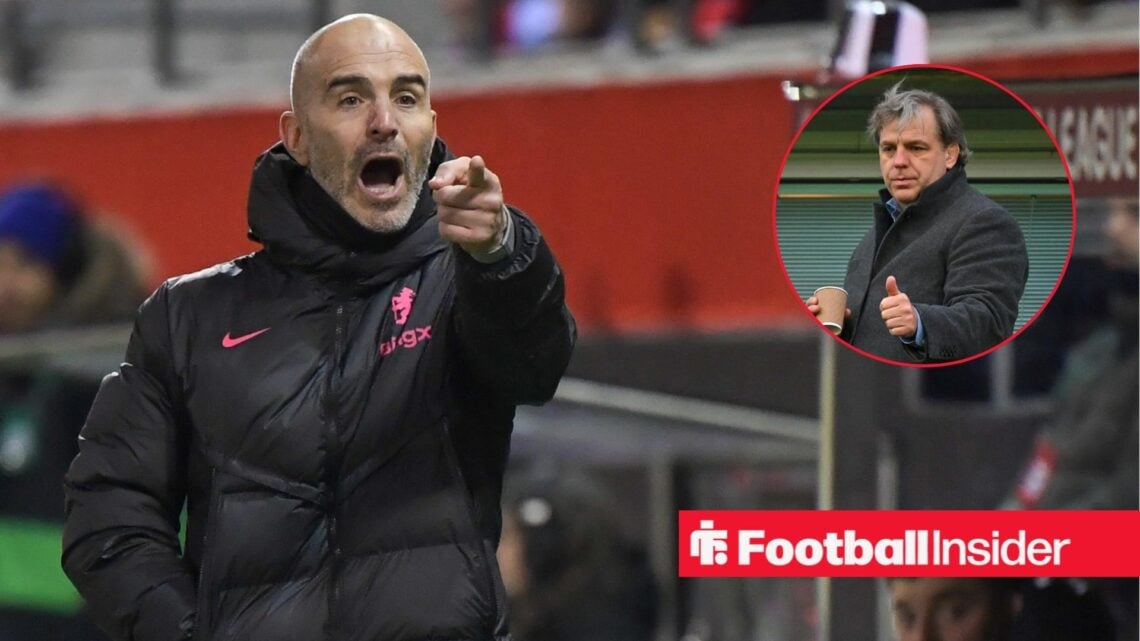 Enzo Maresca pointing at Todd Boehly in a circular inset