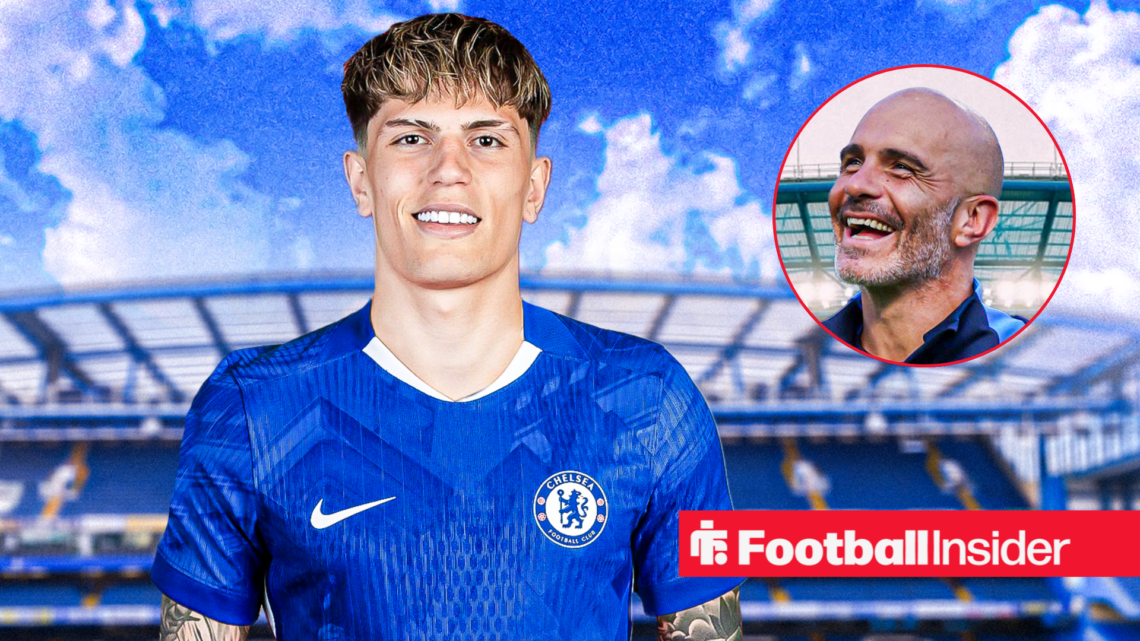 Alejandro Garnacho in a Chelsea shirt against a back drop of Stamford Bridge alongside a ciruclar inset of Chelsea manager Enzo Maresca