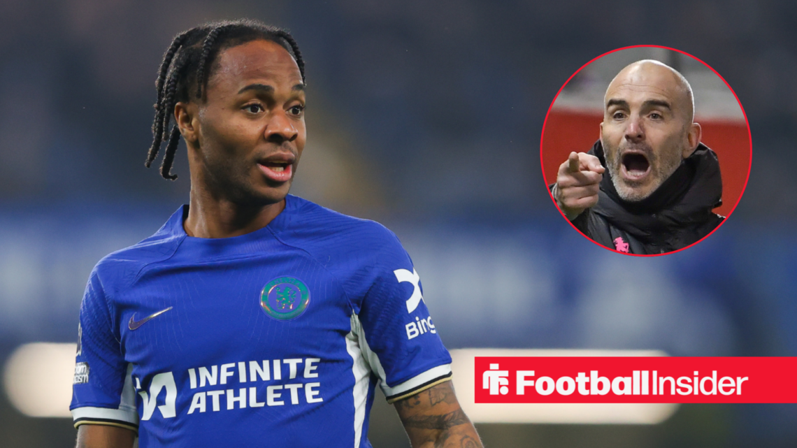 Raheem Sterling in a Chelsea kit, Enzo Maresca pointing at him.