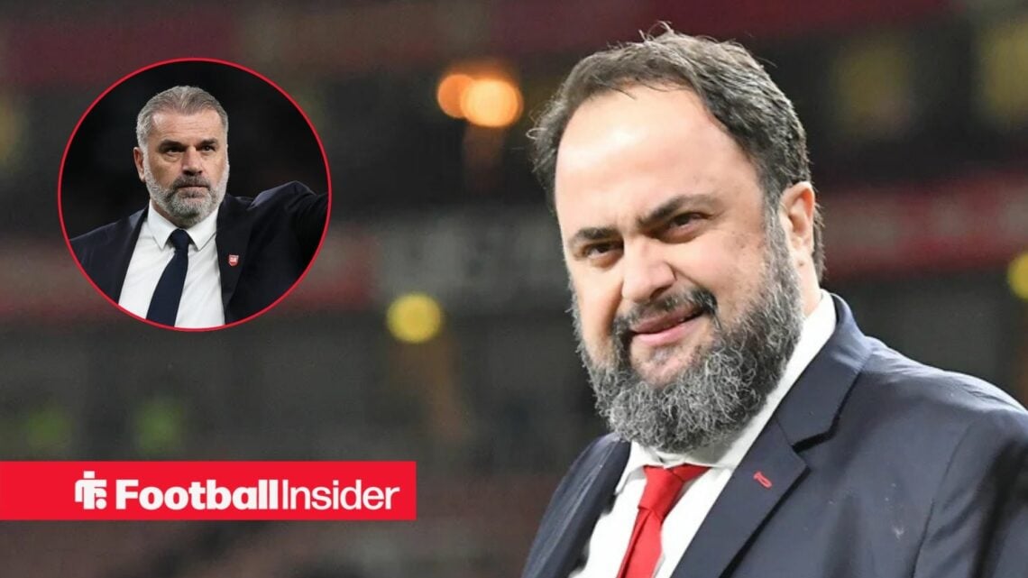 Evangelos Marinakis smiling next to a circular inset of Ange Postecoglou