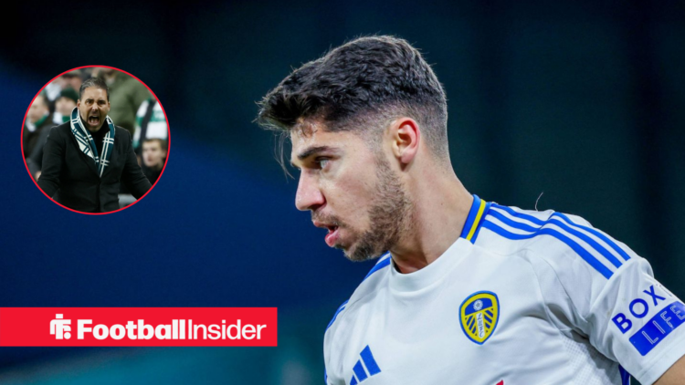 Leicester City boss Marti Cifuentes in a circular frame next to an image of Manor Solomon in a Leeds shirt