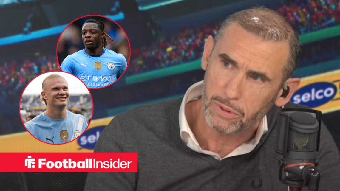Martin Keown talking on talkSPORT, Jeremy Doku and Erling Haaland in circular insets
