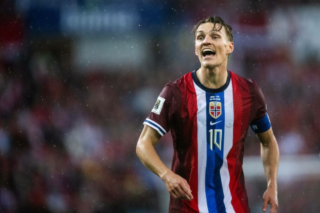 Martin Odegaard playing for Norway in the rain