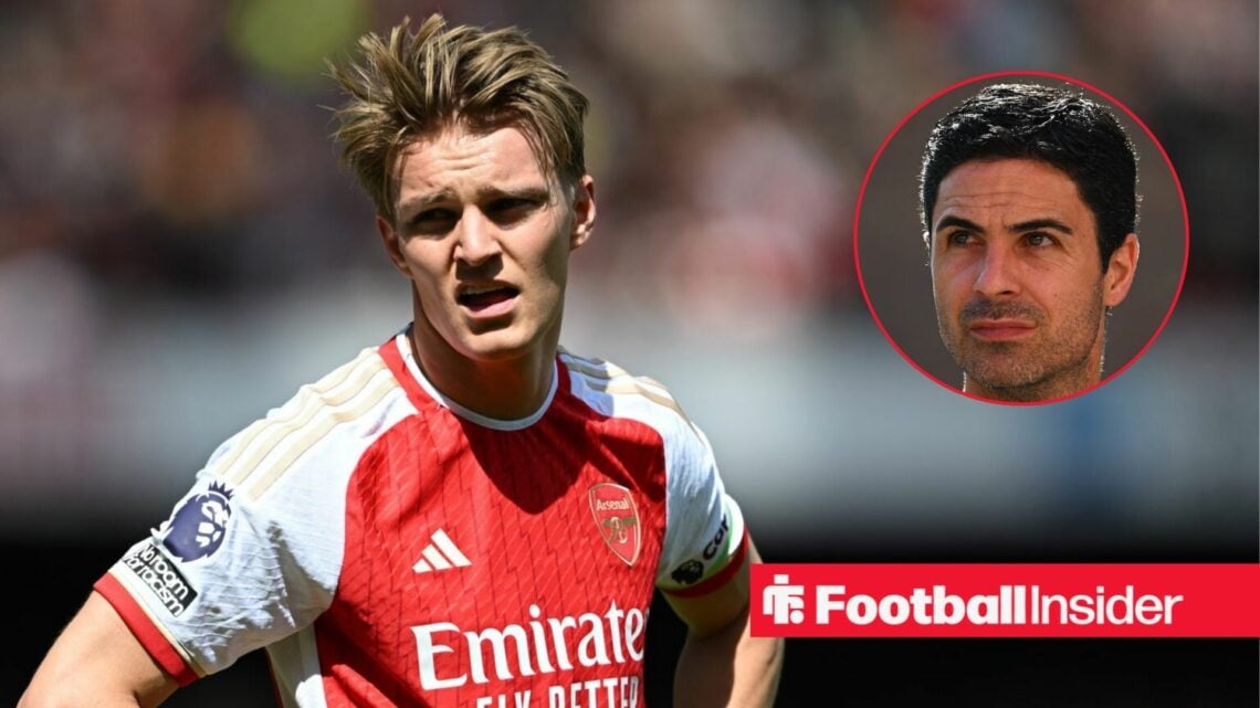 Arsenal captain Martin Odegaard alongside a circular inset of Mikel Arteta