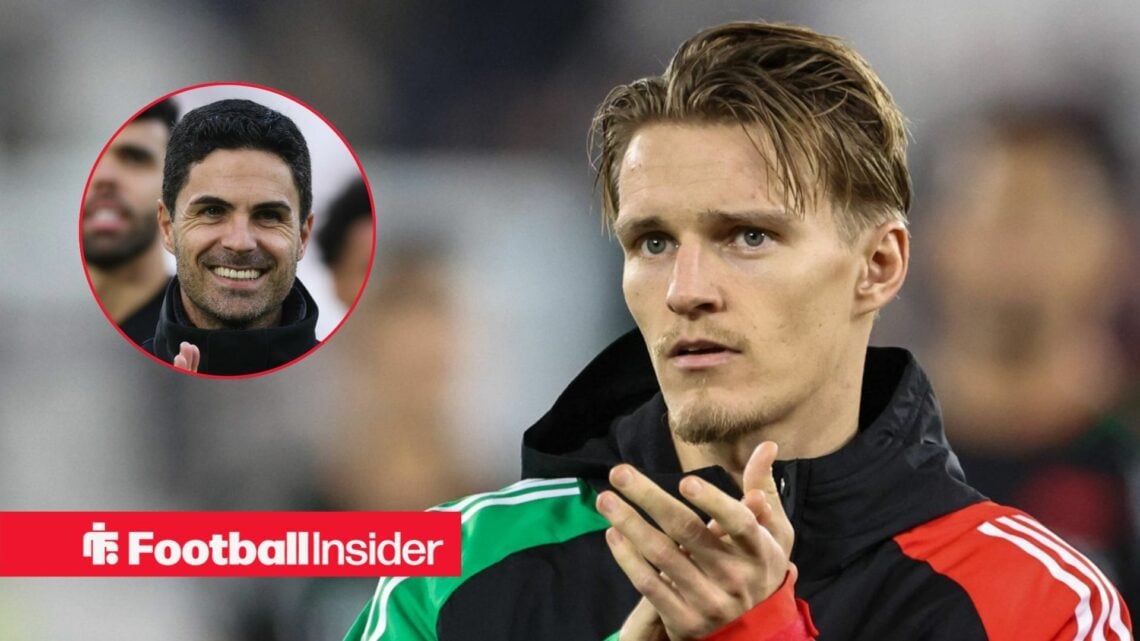 Arsenal's Martin Odegaard clapping looking left at manager Mikel Arteta who is smiling left inset