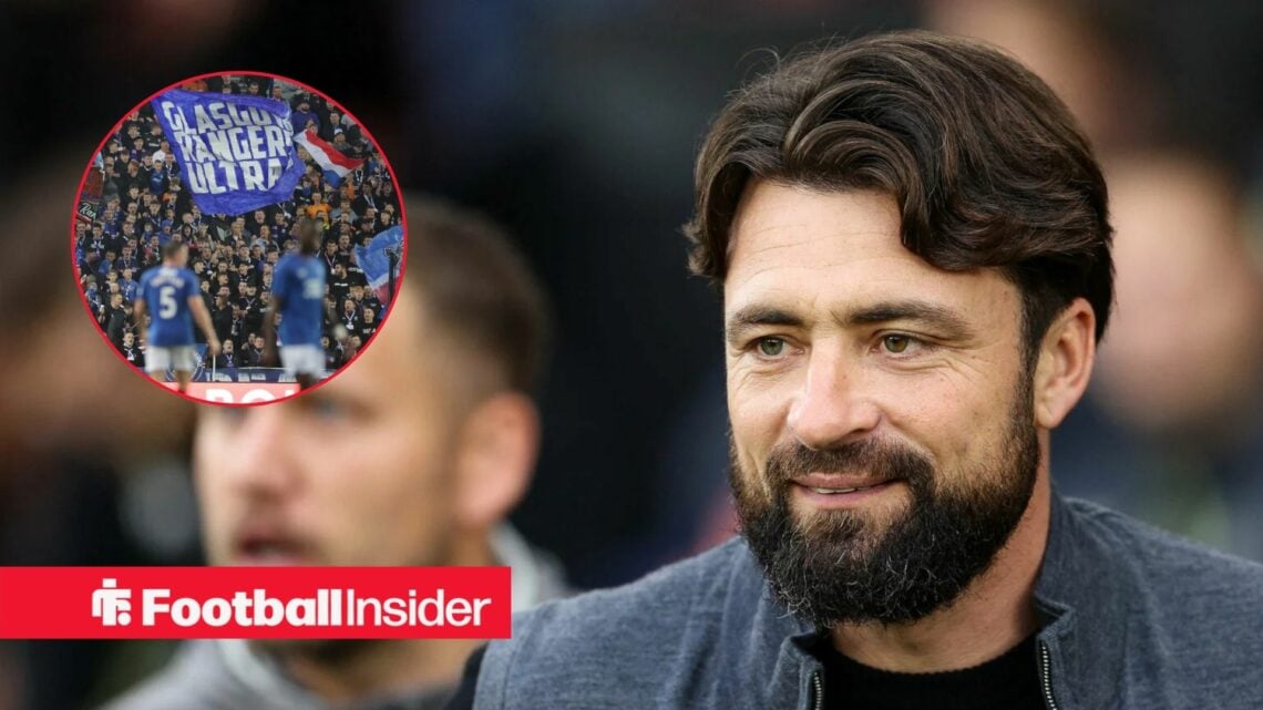 Russell Martin looking at a circular inset of Rangers fans