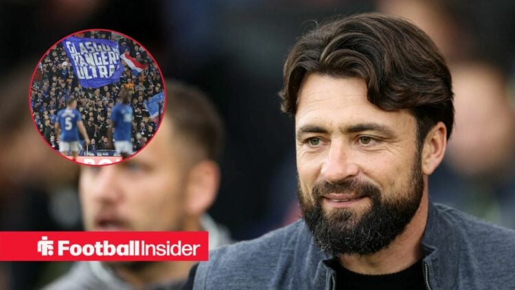 Russell Martin looking at a circular inset of Rangers fans