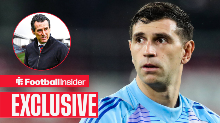 Emi Martinez looking at Unai Emery in a circular inset