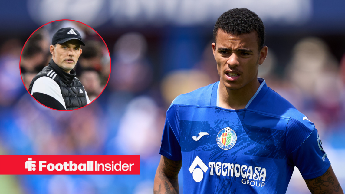 Mason Greenwood playing for Getafe alongside a circular inset of England manager Thomas Tuchel