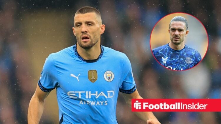 Mateo Kovacic in a Man City shirt alongside an image of Jack Grealish in a circular frame