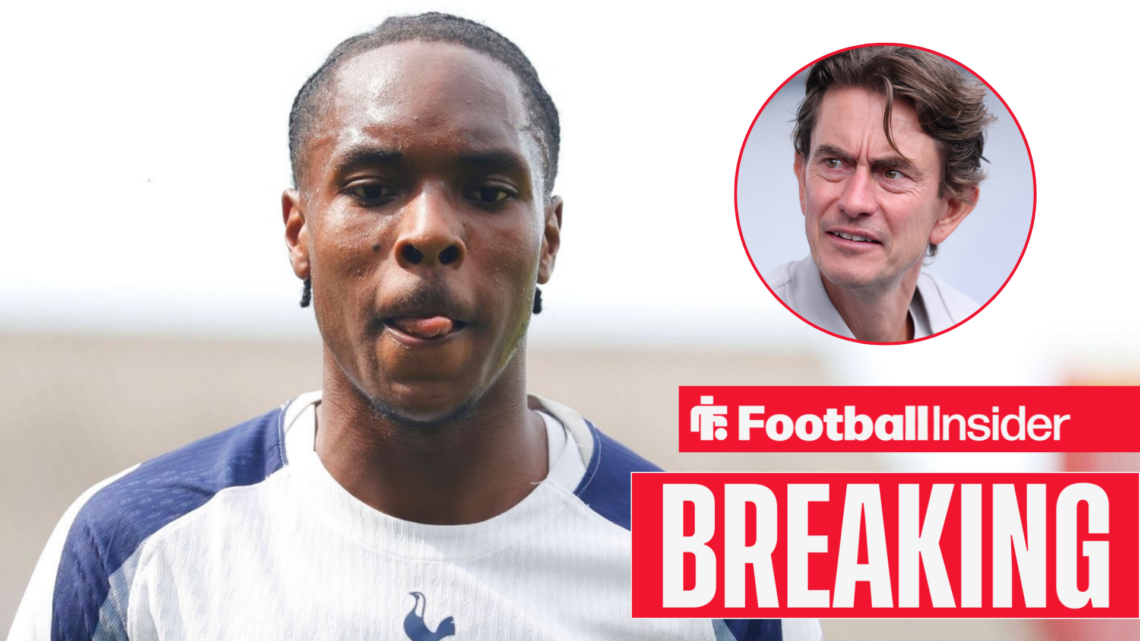 Tottenham's Mathys Tel looks forward while in action with manager Thomas Frank right inset looking at him confused