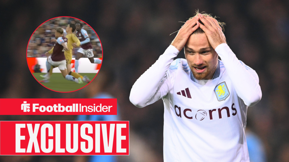 Matty Cash with his hands on his head, his challenge on Daichi Kamada in a circular inset, exclusive news banner