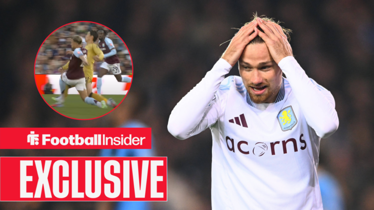 Matty Cash with his hands on his head, his challenge on Daichi Kamada in a circular inset, exclusive news banner