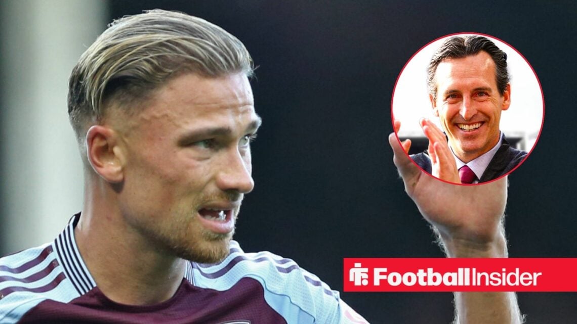Matty Cash in Aston Villa home shirt with Unai Emery inset