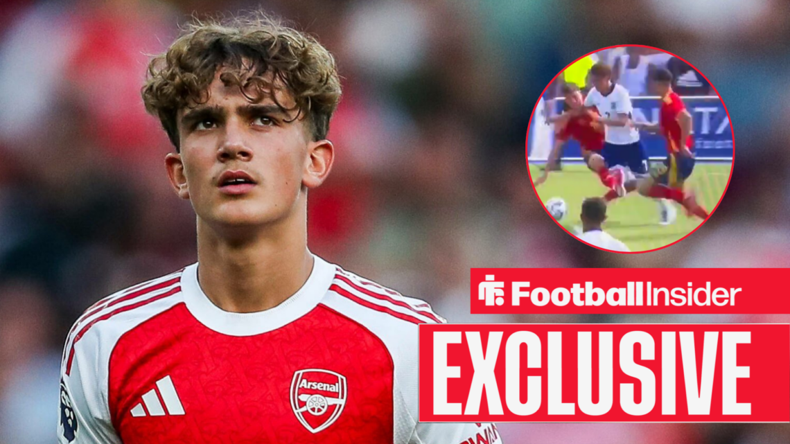 Max Dowman in an Arsenal kit, being fouled in a circular inset