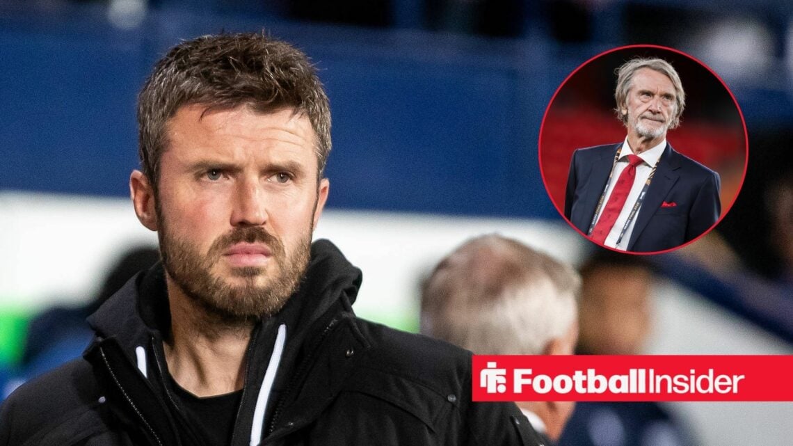 Michael Carrick looking around and Sir Jim Ratcliffe in inset