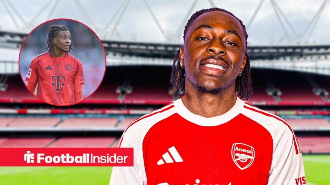 Michael Olise in a Bayern Munich shirt alongside Eberechi Eze in an Arsenal shirt