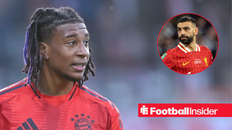 Bayern Munich forward Michael Olise alongside a circular inset of Liverpool winger Mo Salah
