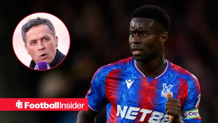 Michael Owen on the left holding a microphone talking with Marc Guehi on the right running in a Crystal Palace shirt