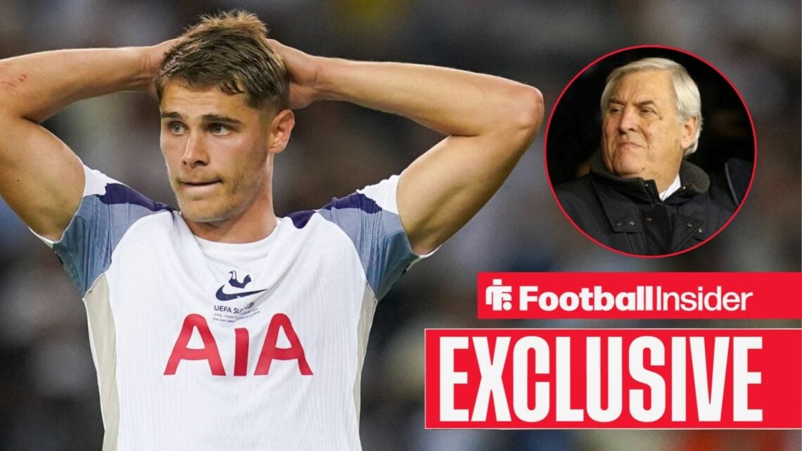 Tottenham defender Micky van de Ven alongside a circular inset of Keith Hackett